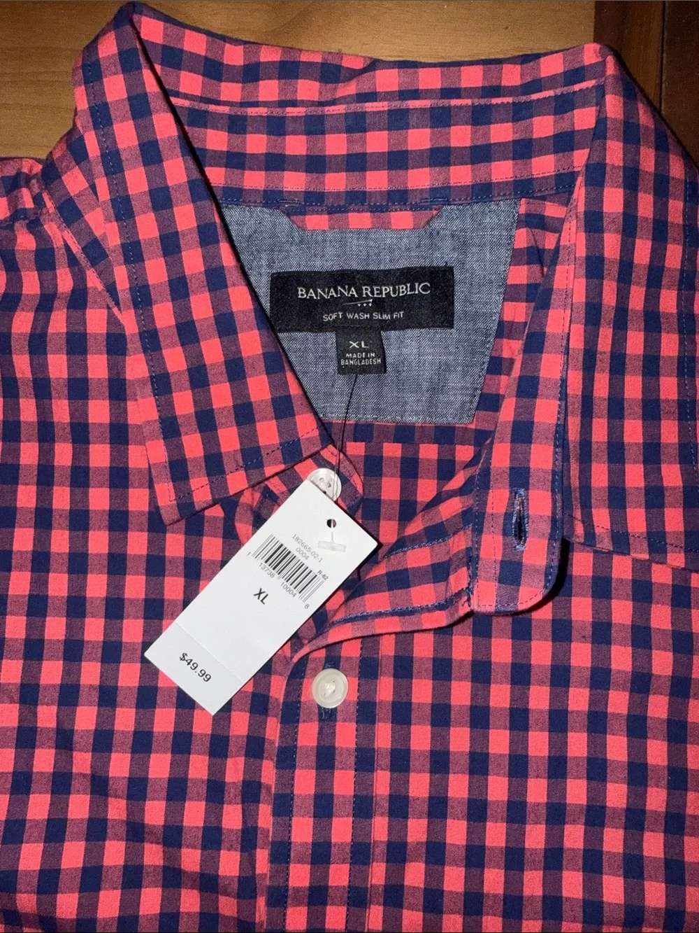 Banana Republic Soft Wash Slim Fit Shirt Mens XL Pink Navy Gingham Short Sleeve